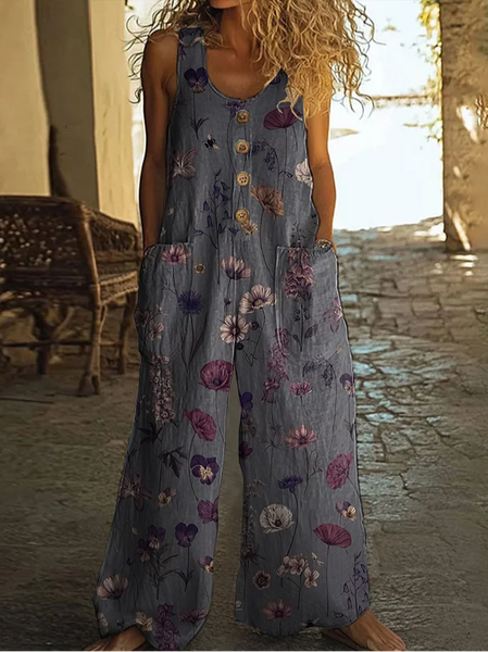 

Women Floral Crew Neck Sleeveless Casual Summer Jumpsuit, Purple, Jumpsuits＆Rompers