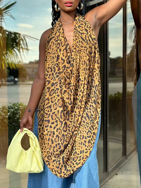 

Urban Leopard Printing Halter Tank Top, Brown, Tanks and Camis