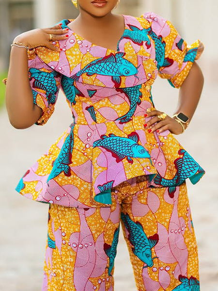 

Urban Fish Printing Asymmetrical Blouse, As picture, Blouses and Shirts