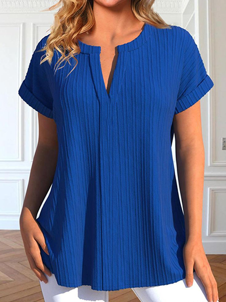 

Notched Half Sleeve Plain Regular Loose Blouse For Women, As picture, Blouses