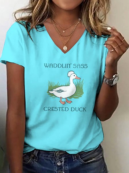 

Casual Floral V Neck Short Sleeve T-shirt, Lake blue, T-shirts