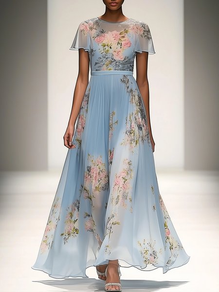 

Elegant Floral Printing Maxi Dress, Blue, Maxi Dresses