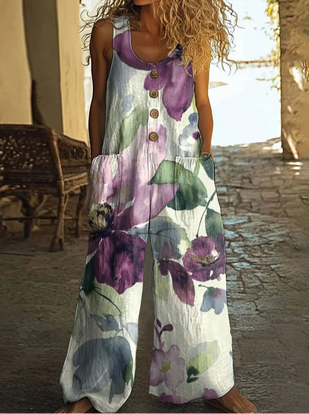 

Women Floral Crew Neck Sleeveless Casual Summer Jumpsuit, Purple, Jumpsuits＆Rompers