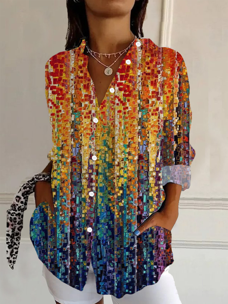 

Women Abstract Long Sleeve Shirt Spring/Fall Buckle Shirt Collar Daily Casual Top, As picture, Shirts
