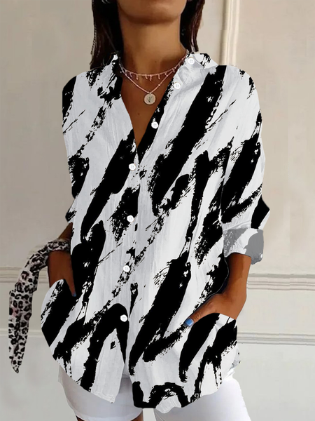 

Women Abstract Long Sleeve Shirt Spring/Fall Buckle Shirt Collar Daily Casual Top, Black-white, Shirts
