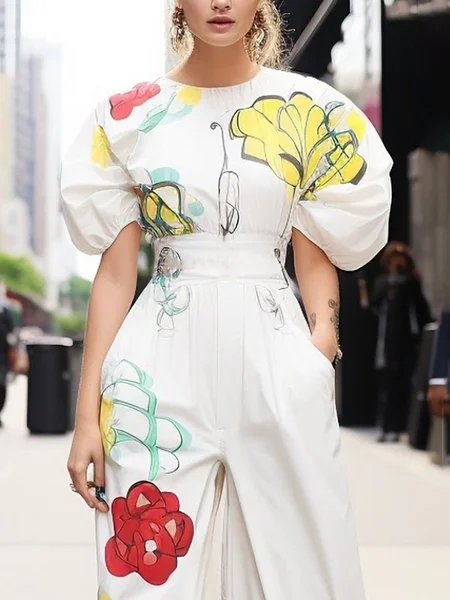 

Urban Floral Printing Crew Neck Puff Sleeve Blouse, White, Blouses and Shirts