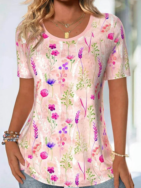 

Vintage Floral Crew Neck Short Sleeve T-shirt, As picture, T-shirts