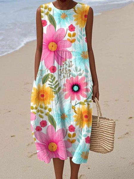 

Women Floral Summer Dress Crew Neck Sleeveless A-Line Dress, White, Dresses