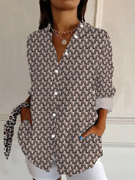 

Women Geometric Long Sleeve Shirt Spring/Fall Buckle Shirt Collar Daily Casual Top, Brown, Shirts