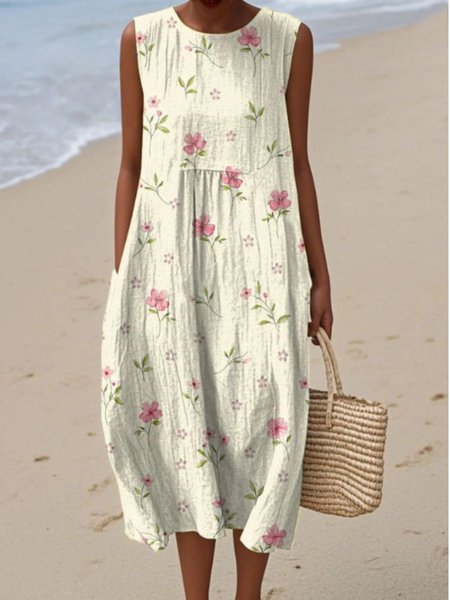 

Women Floral Summer Dress Crew Neck Sleeveless A-Line Dress, Beige, Dresses