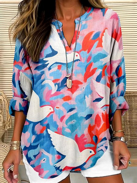 

V Neck Long Sleeve Geometric Regular Micro-Elasticity Regular Fit Shirt For Women, Light blue, T-shirts