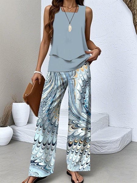 

Women Geometric Two-Piece Set Daily Sleeveless Casual Summer Top With Pants Matching Set, Blue purple, Sets