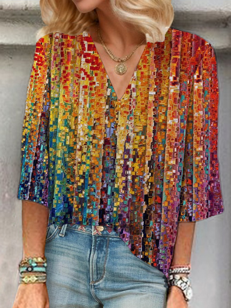 

Women Abstract Three Quarter Sleeve Blouse Spring/Fall Printing V Neck Daily Casual Top, As picture, Blouses