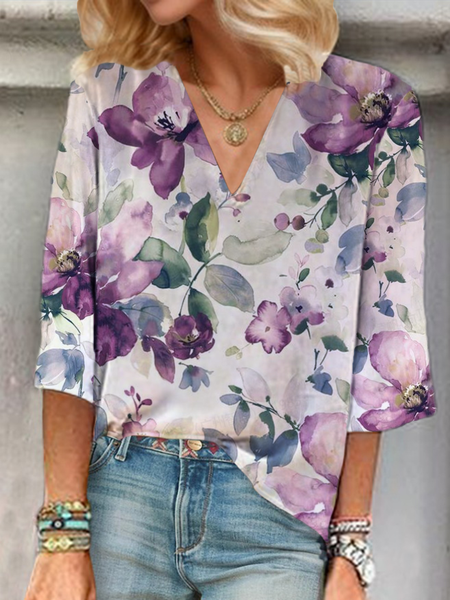 

Women Floral Three Quarter Sleeve Blouse Spring/Fall V Neck Daily Casual Top, Purple, Blouses