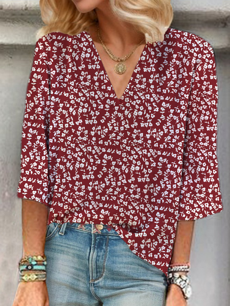 

Women Floral Three Quarter Sleeve Blouse Spring/Fall Printing V Neck Daily Casual Top, Red, Blouses