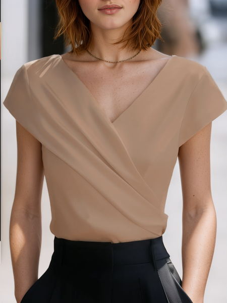 

Elegant Plain Asymmetric Cross Neck T-shirt, Khaki, Blouses and Shirts