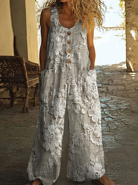 

Women Floral Crew Neck Sleeveless Casual Summer Jumpsuit, Apricot, Jumpsuits＆Rompers