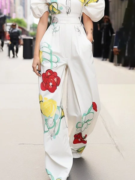 

Urban Floral Printing Fashion Pants, White, Pants