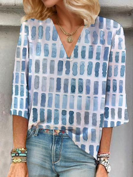 

Women Geometric Three Quarter Sleeve Blouse Spring/Fall Printing V Neck Daily Casual Top, Blue, Blouses
