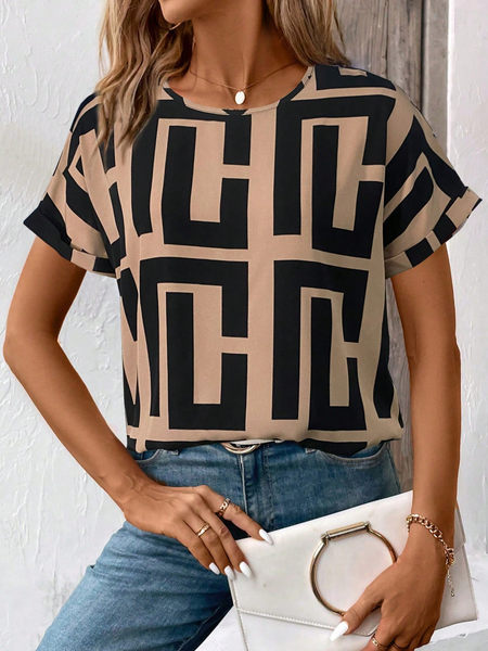 

Women Geometric Short Sleeve Tee T-shirt Crew Neck Printing Casual Summer Graphic Tee Top, Brown, T-Shirts