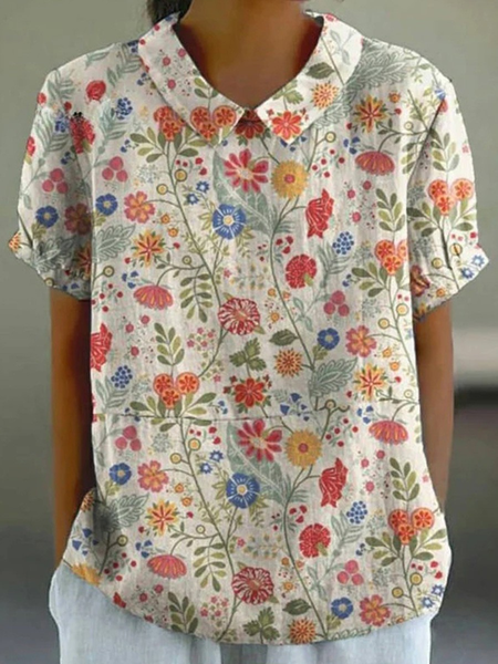 

Shawl Collar Half Sleeve Floral Regular Loose Blouse For Women, As picture, Blouses