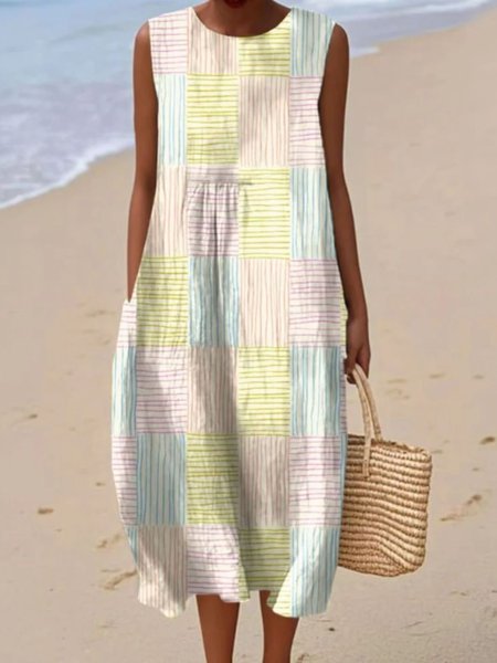 

Women Colorblock Summer Dress Crew Neck Sleeveless A-Line Dress, Beige, Dresses