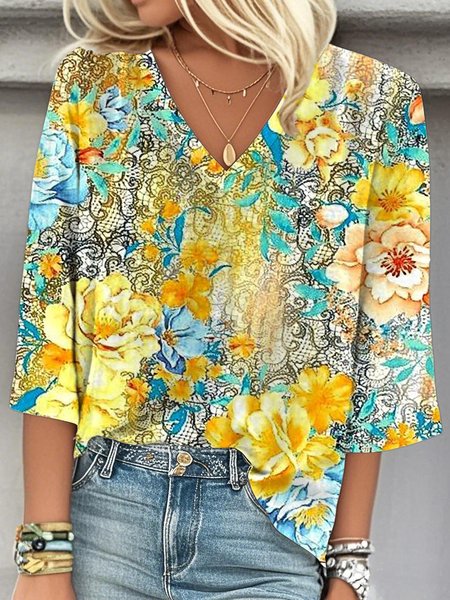 

V Neck Three Quarter Sleeve Floral Regular Loose Blouse For Women, Yellow, Blouses