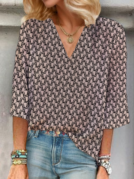 

Women Geometric Three Quarter Sleeve Blouse Spring/Fall Printing V Neck Daily Casual Top, Brown, Blouses