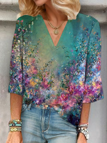 

Women Floral Three Quarter Sleeve Blouse Spring/Fall Printing V Neck Daily Casual Top, Green, Blouses