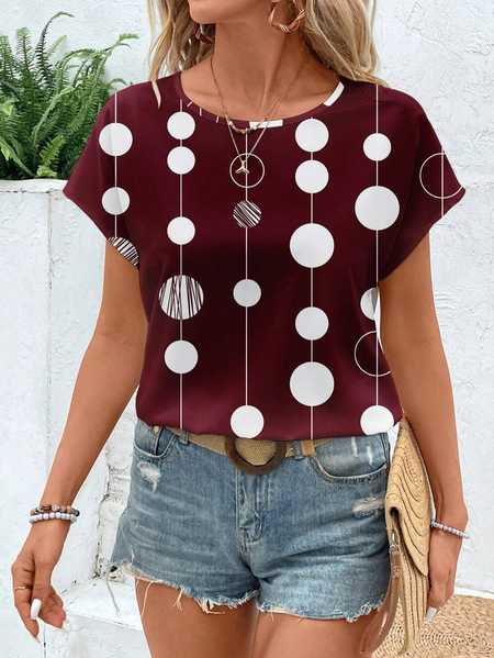 

Women Polka Dots Short Sleeve Tee T-shirt Crew Neck Printing Casual Summer Graphic Tee Top, Crimson, T-Shirts