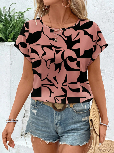 

Women Geometric Short Sleeve Tee T-shirt Crew Neck Printing Casual Summer Graphic Tee Top, Pink, T-Shirts