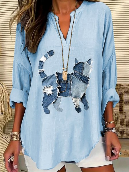 

V Neck Long Sleeve Geometric Regular Micro-Elasticity Regular Fit Shirt For Women, Light blue, T-shirts