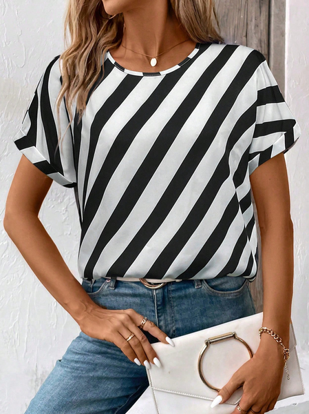 

Women Striped Short Sleeve Tee T-shirt Crew Neck Printing Casual Summer Graphic Tee Top, Black-white, T-Shirts