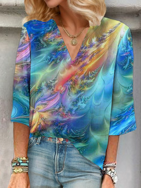 

Women Abstract Three Quarter Sleeve Blouse Spring/Fall Printing V Neck Daily Casual Top, Blue, Blouses