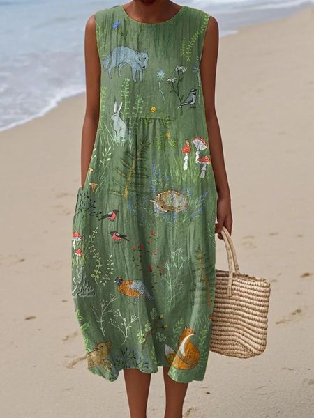 

Women Painting Summer Dress Crew Neck Sleeveless A-Line Dress, Green, Dresses
