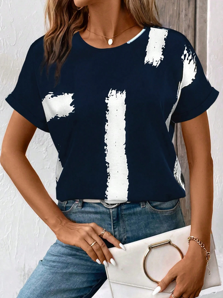 

Women Abstract Short Sleeve Tee T-shirt Crew Neck Printing Casual Summer Graphic Tee Top, Purplish blue, T-Shirts
