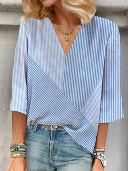 

Women Striped Three Quarter Sleeve Blouse Spring/Fall Printing V Neck Daily Casual Top, Blue, Blouses
