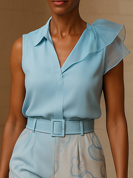 

Urban Plain Split Joint V Neck Shirt, Blue, Blouses and Shirts