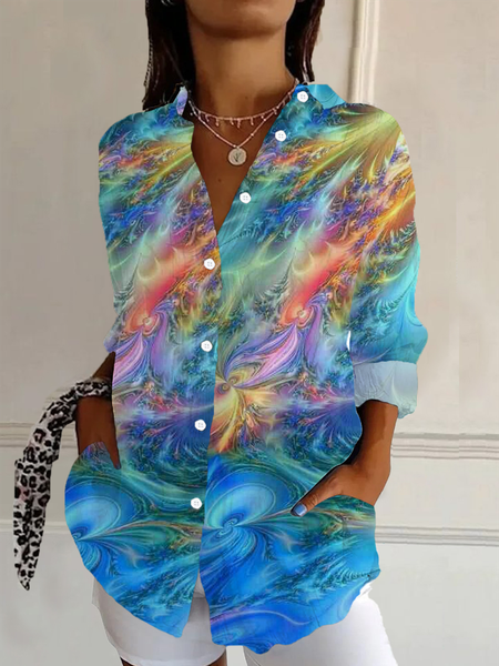 

Women Abstract Long Sleeve Shirt Spring/Fall Buckle Shirt Collar Daily Casual Top, Blue, Shirts