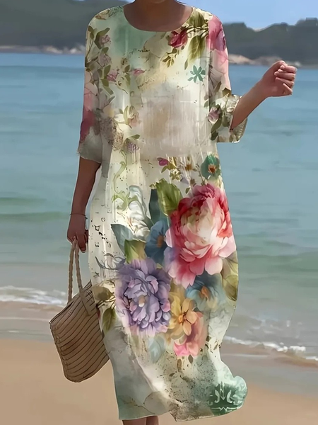 

Women Floral Summer Dress Crew Neck Short Sleeve A-Line Dress, As picture, Dresses