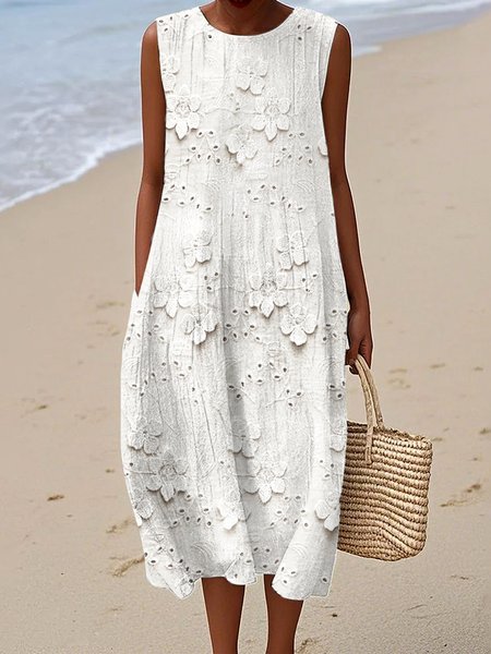 

Women Striped Summer Dress Crew Neck Sleeveless A-Line Dress, White, Maxi