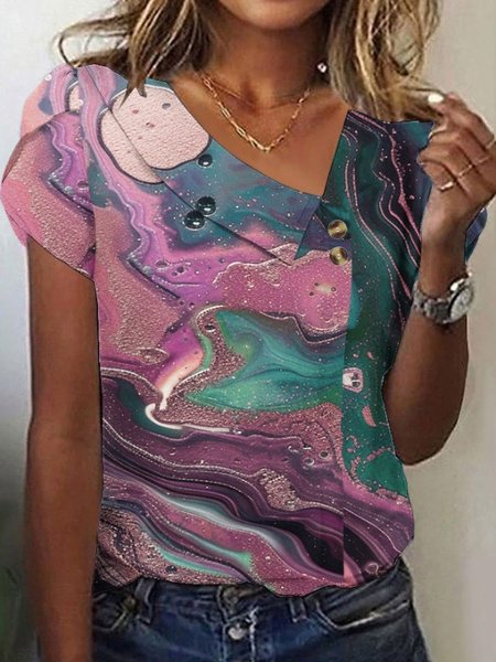 

Women Geometric Short Sleeve Tee T-shirt Asymmetrical Buckle Vintage Summer Top, Color19, T-Shirts