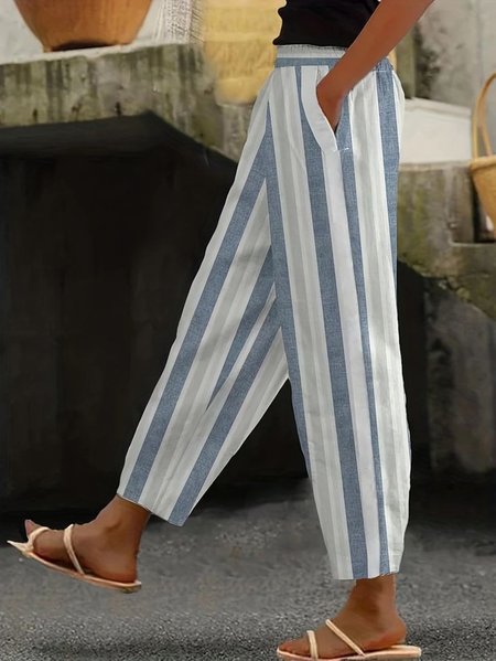 Women Striped Long Pant Casual Spring/Fall Trousers, White-blue, Pants