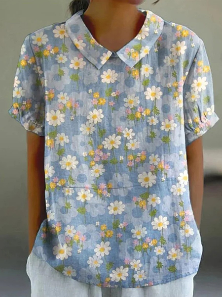 

Shawl Collar Half Sleeve Floral Regular Loose Blouse For Women, As picture, Blouses