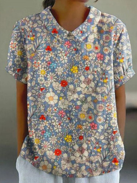 

Shawl Collar Half Sleeve Floral Regular Loose Blouse For Women, As picture, Blouses