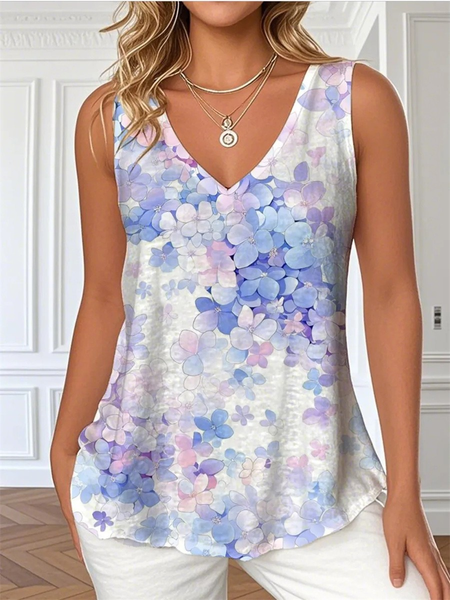 

Casual V Neck Floral Tank Top, As picture, Tanks & Camis