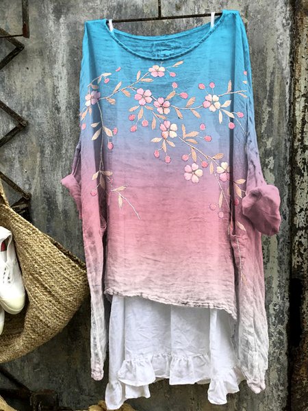 

Crew Neck Long Sleeve Floral Regular Micro-Elasticity Regular Fit Shirt For Women, Light blue, T-shirts