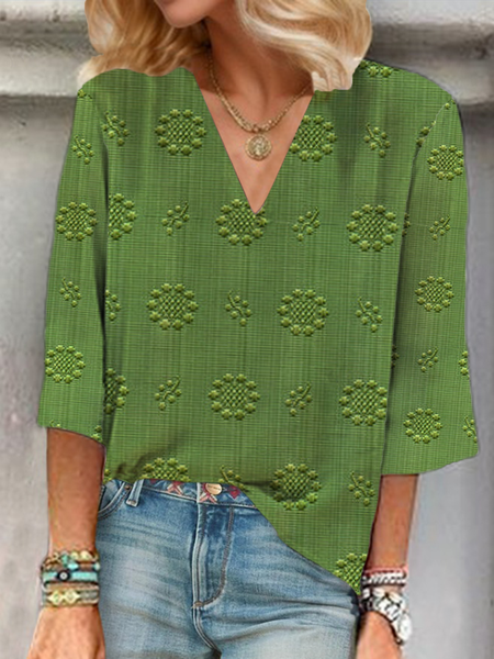 

Women Floral Three Quarter Sleeve Blouse Spring/Fall Printing V Neck Daily Casual Top, Green, Blouses