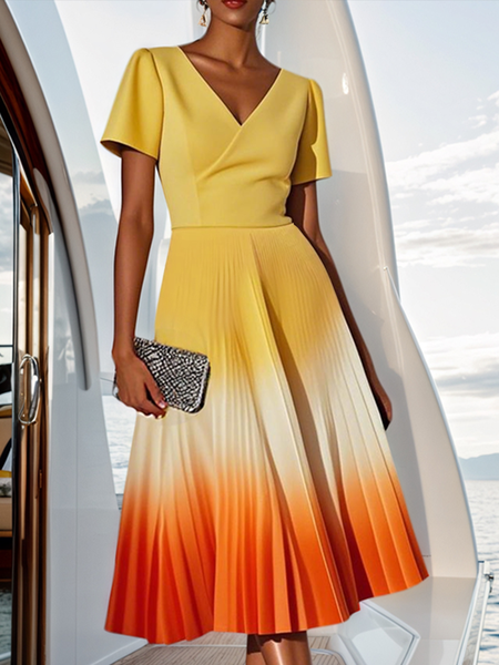 

Elegant Ombre V Neck Midi Dress, Yellow, Midi Dresses