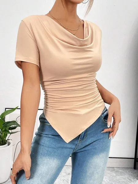 

Casual Plain Irregular Craftsmanship Cowl Neck T-shirt, Khaki, Tees